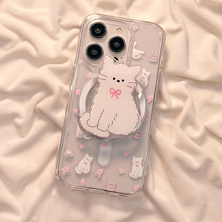 TEMU Phone Case - Magnetic Stand Pink Cute Cartoon Cat Acrylic Transparent Wireless Charging Phone Case For Iphone16promax/15/14plus/13/12/11