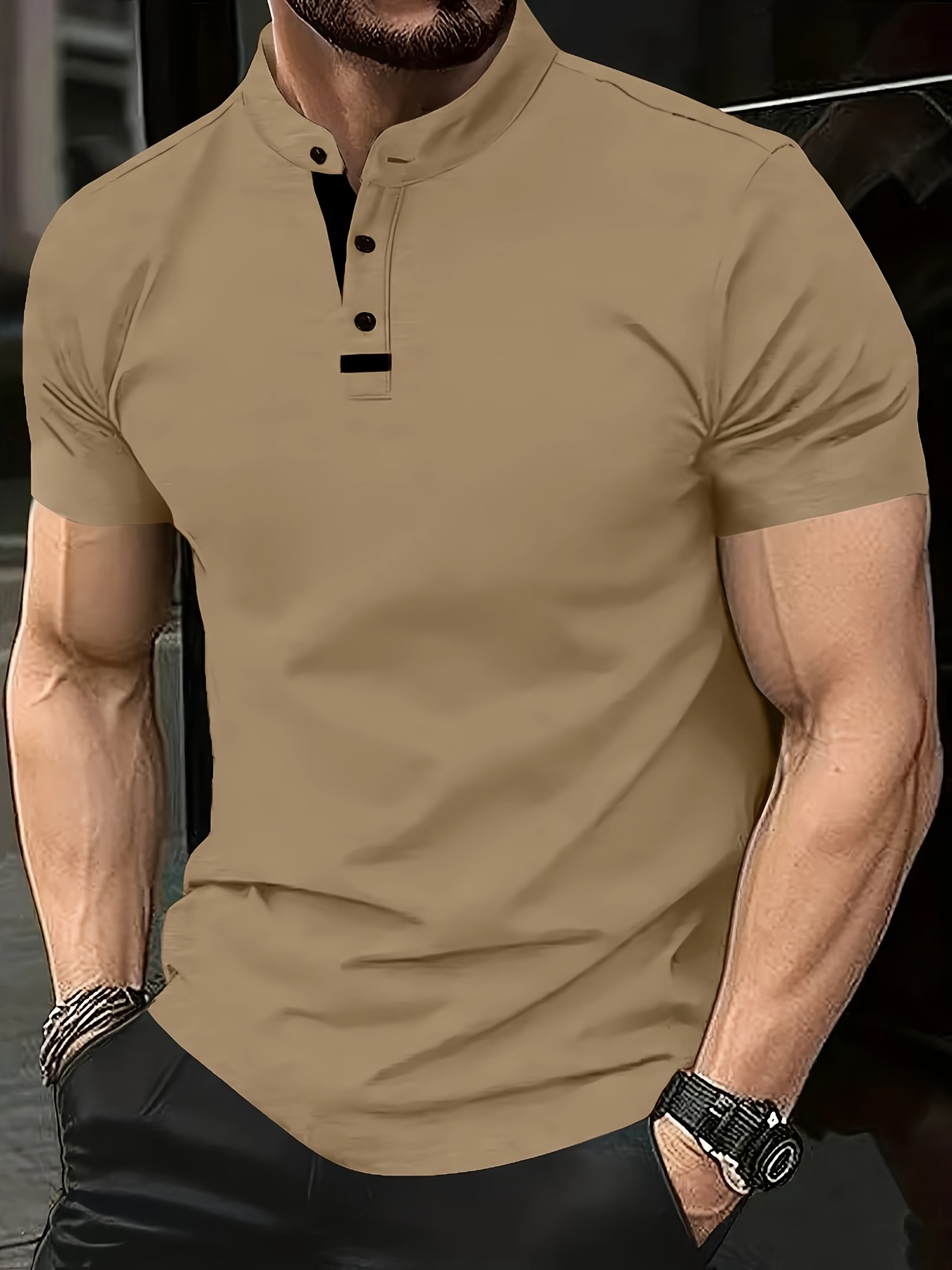Plus-Size Men's Short-Sleeve Casual T-Shirt - Slight Elasticity, Classic Solid Color & Button Detail, Breathable Stand-Up Collar for Spring/Summer Wear, Stylish Plussize Top, PLUS SIZE
