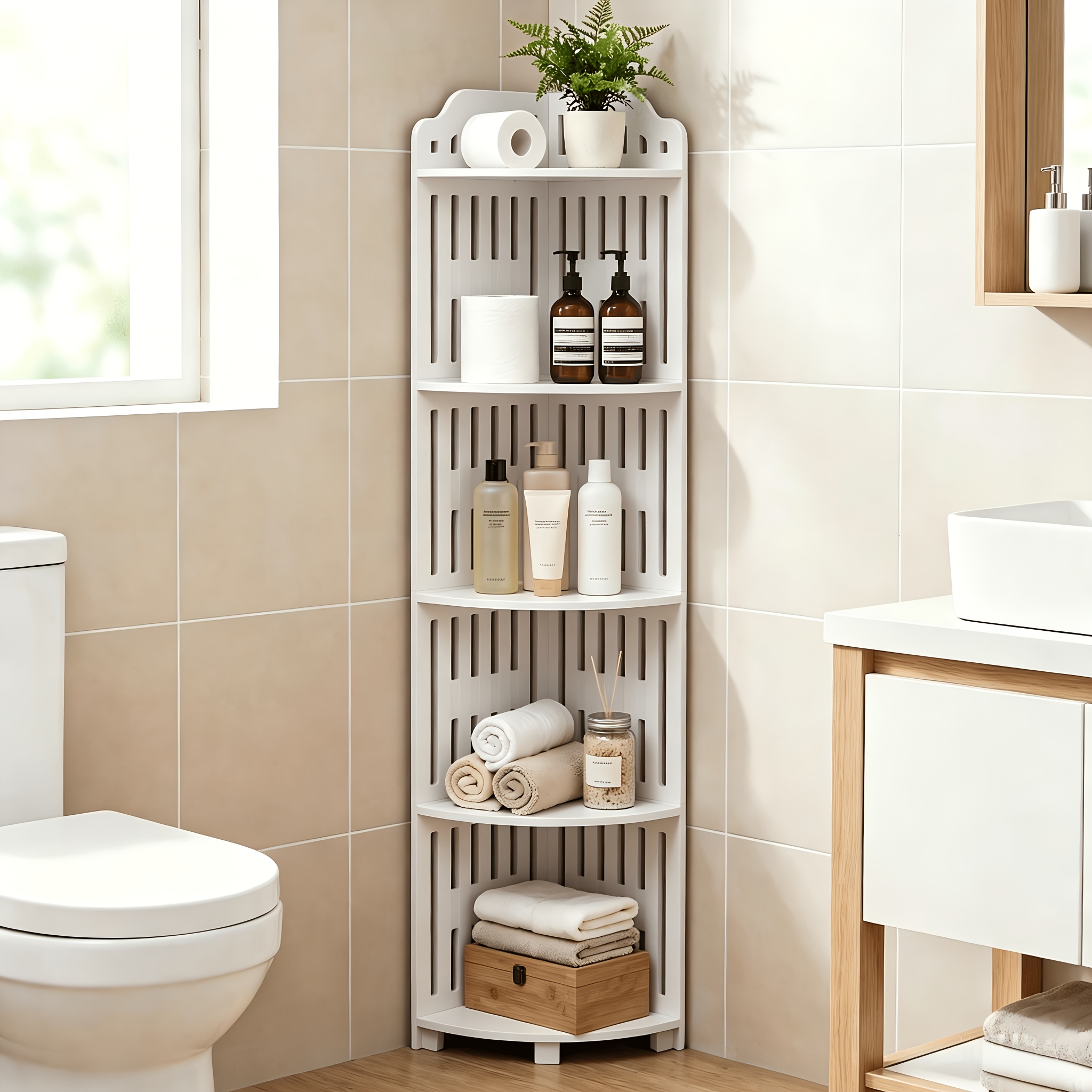 Image of Corner Cabinet, 25cm Toilet Paper Holder With Wide Shelf For Of Large Items, Bathroom Corner Shelf With 90° Angle Design Fits Perfectly Into Wall Corners To Use Of , Pvc Material Suitable For Areas