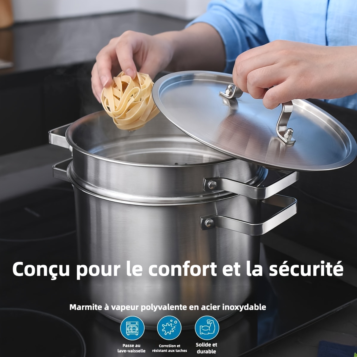 Cuiseur Vapeur Inox 3 étages 28cm Cuiseur Vapeur Inox Cuiseur Vapeur à 5 étages, 26, 28, 30 Cm, En Acier Inoxydable, Avec Couvercle En Verre, Pour Tous Les Types De Feux, Y