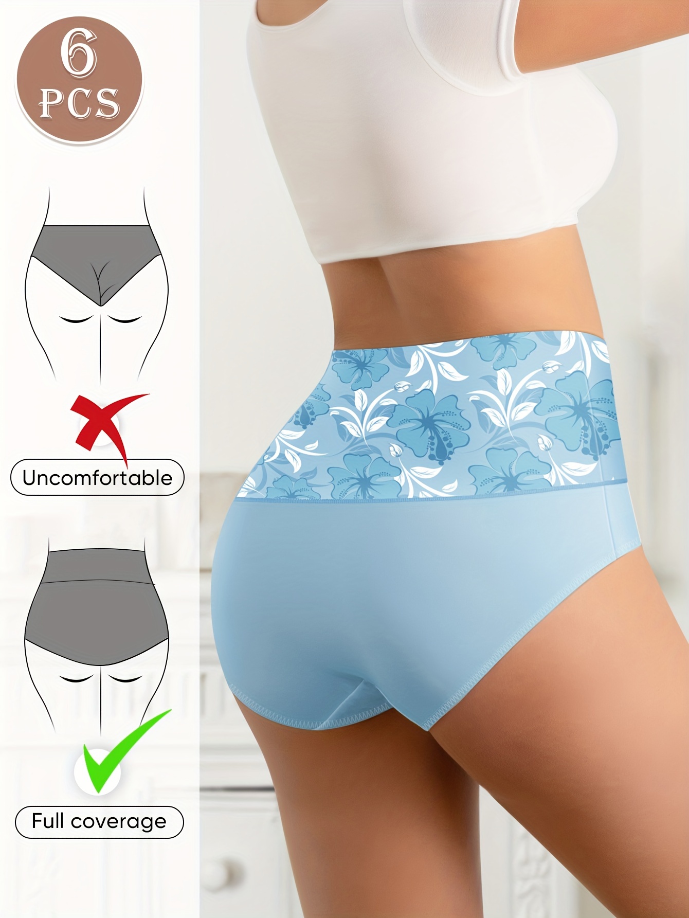 6pcs Plus Size Elegant Panties, Women's Floral Print High Waisted Soft & Comfort Briefs