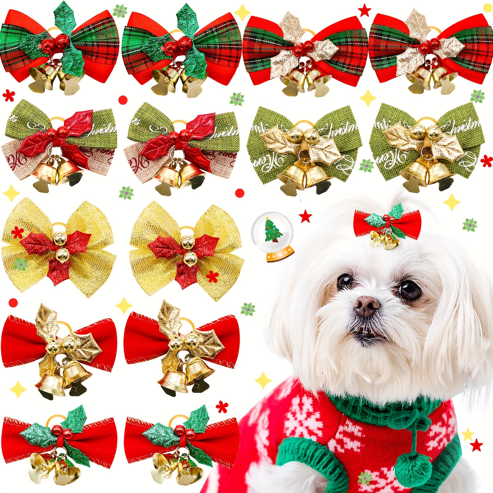 

10pcs Assorted Christmas Pet Headwear With & Floral Center, Hair Accessories, Holiday Pet Grooming Decorations