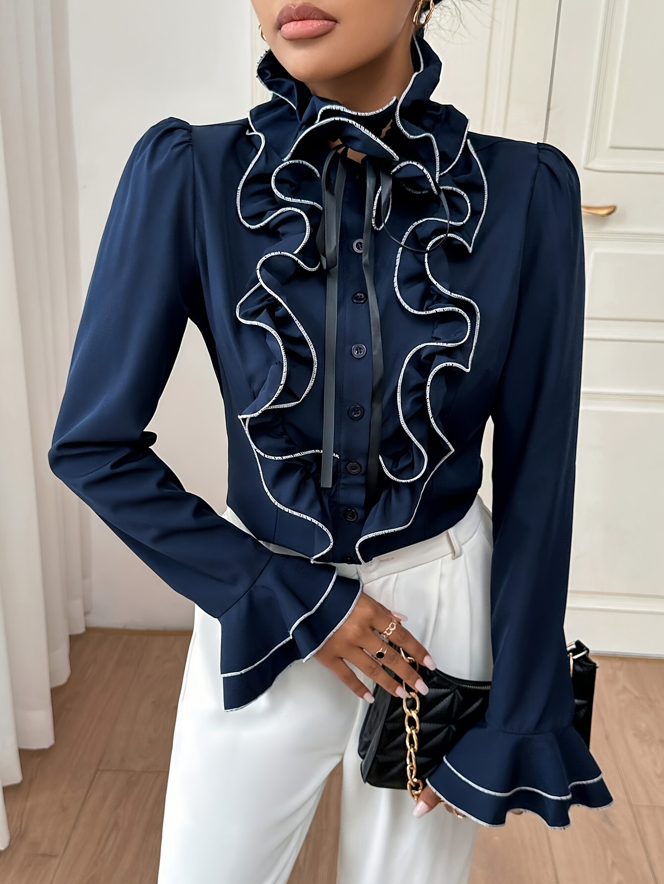 Contrast Color Ruffle Trim Ruffle Sleeve Tie Front Shirt