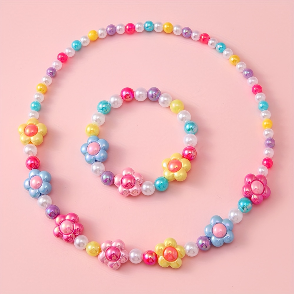 TEMU Ensemble 2pcs Bracelet et Collier Élastique Adorable et Élégant avec Perles Colorées Étoile, Papillon et Fleur, Cadeau Parfaite pour Filles et