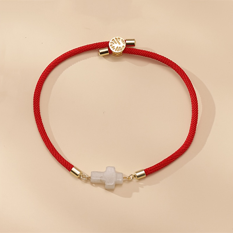 Women's Natural White Marble Cross Bracelet, Adjustable