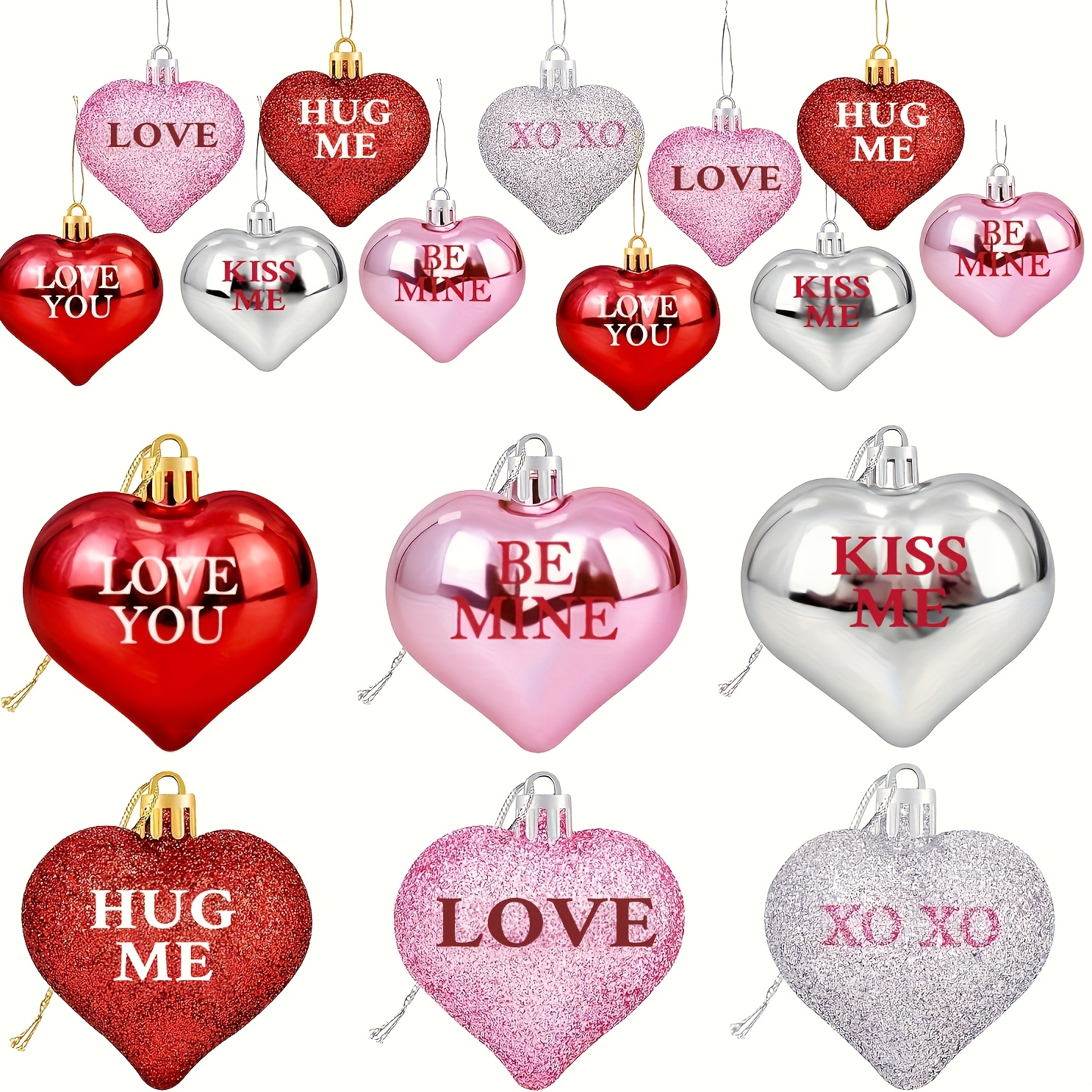 

12pcs Sparkling Valentine's Day & Ornaments - Red, Pink, Silvery Glitter Baubles With Romantic Phrases For Home & Christmas Tree Decor, Wedding Decorations| Ornaments|plastic Heart Ornaments