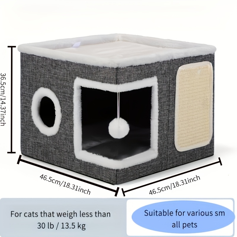 TEMU Luxurious Cat House, Cat House With 2-tier Bed, Toy Tunnel, Foldable Scratching Post, And Comfortable Mat- Cozy Indoor Cat Cube Bed With Plush