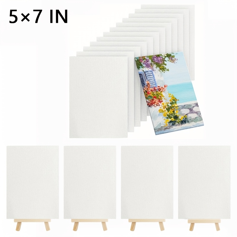 Image of 10pcs Premium 5x7 Inch Canvas Boards With 4pcs Wooden Small Painting Easel For Painting, & Acid-free, Ideal For Acrylics, Oil, Watercolor