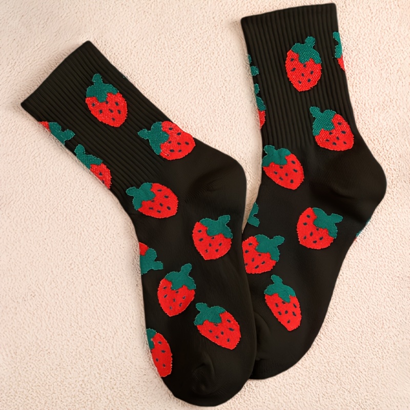 E-shop 1 Paar Damen Schwarze Erdbeer- & Gemüse () Muster Halbhohe Socken – Atmungsaktive Sommer- & Herbstsocken für , Sport, elegante Outfits –
