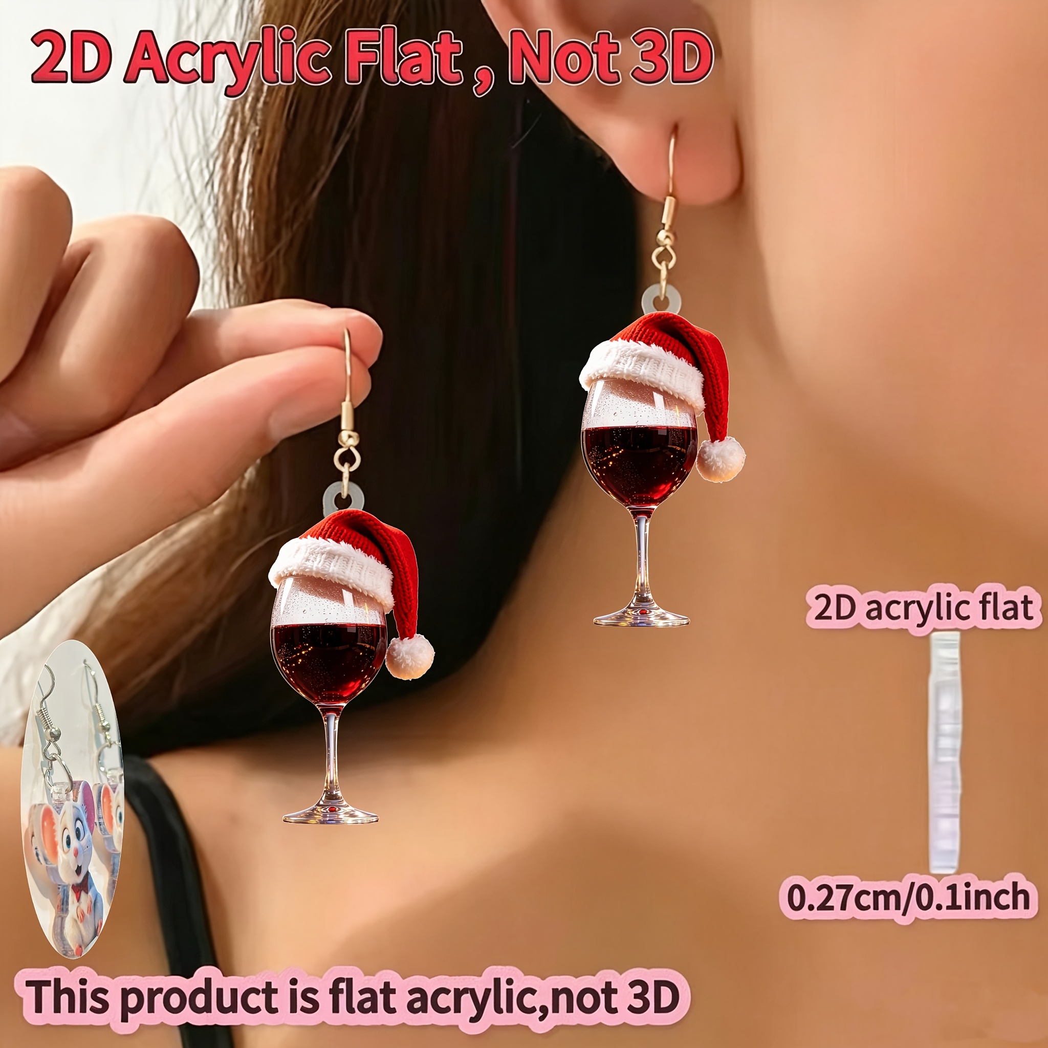 TEMU 2d Flat, [2d Flat] 1 Pair, A Novelty Earring Set, Acrylic Material With A Christmas Red Wine Glass Pattern, Suitable For Women's Everyday Drop