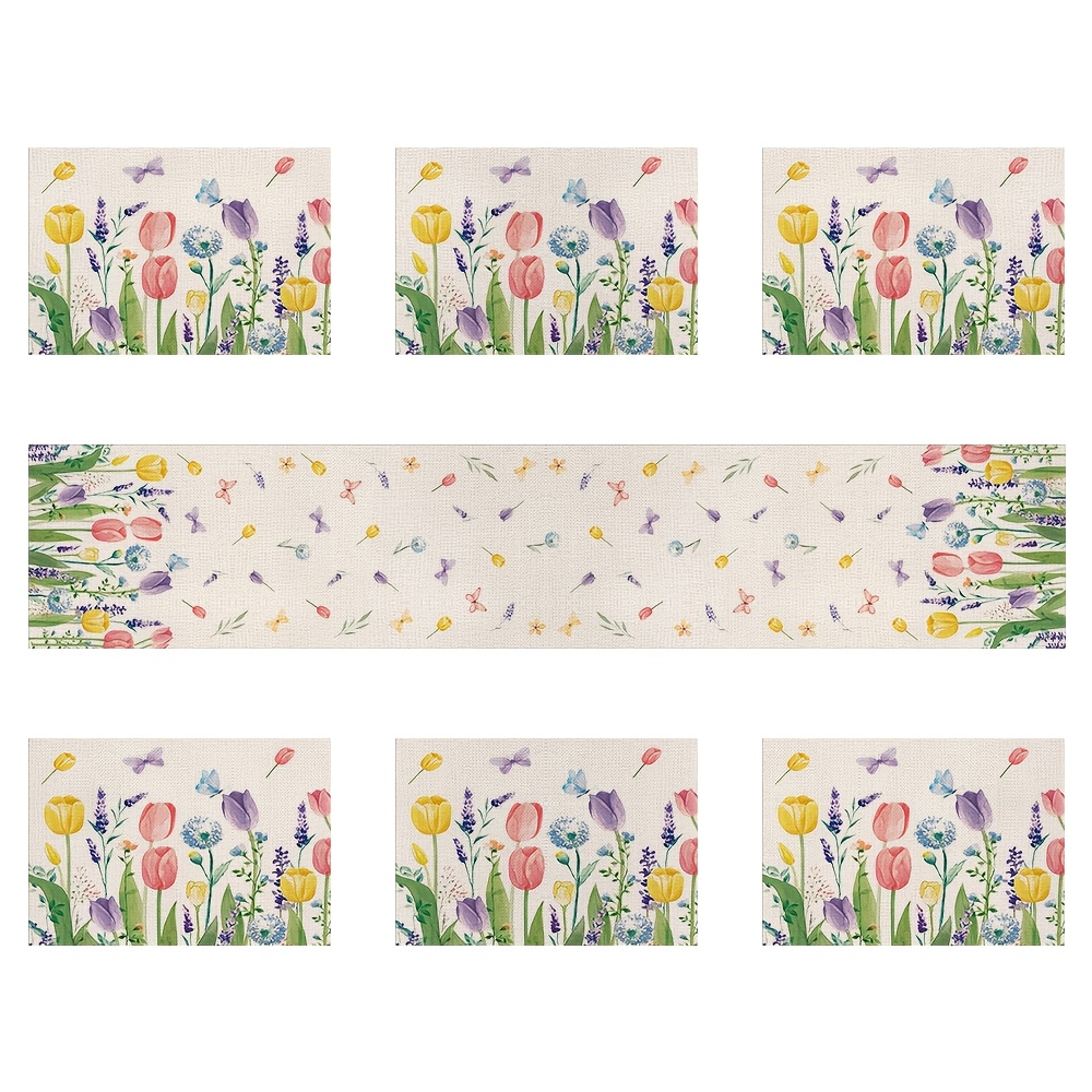 

Set Of 7pcs Including A Table Runner And 6 Placemats Featuring Tulips, Spring And Decor. A Vibrant Runner Ideal For Seasonal Celebrations And Suitable For Indoor And Outdoor Dining Settings.