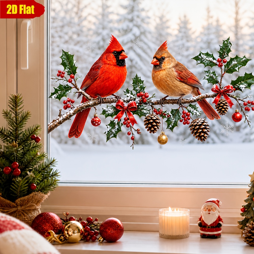 TEMU Autocollant en verre de Noël 1 pièce style américain avec cardinal d'hiver, autocollant auto-adhésif cardinal rouge d'Amérique avec de houx et
