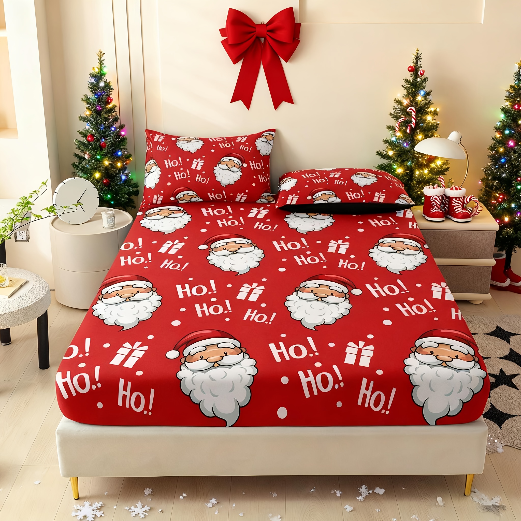 TEMU 3pcs Santa Claus Printed Fitted Sheet Set, Queen Mattress Cover, Twin Mattress Protector, King Bedding, Polyester Machine Washable, Bedroom ,