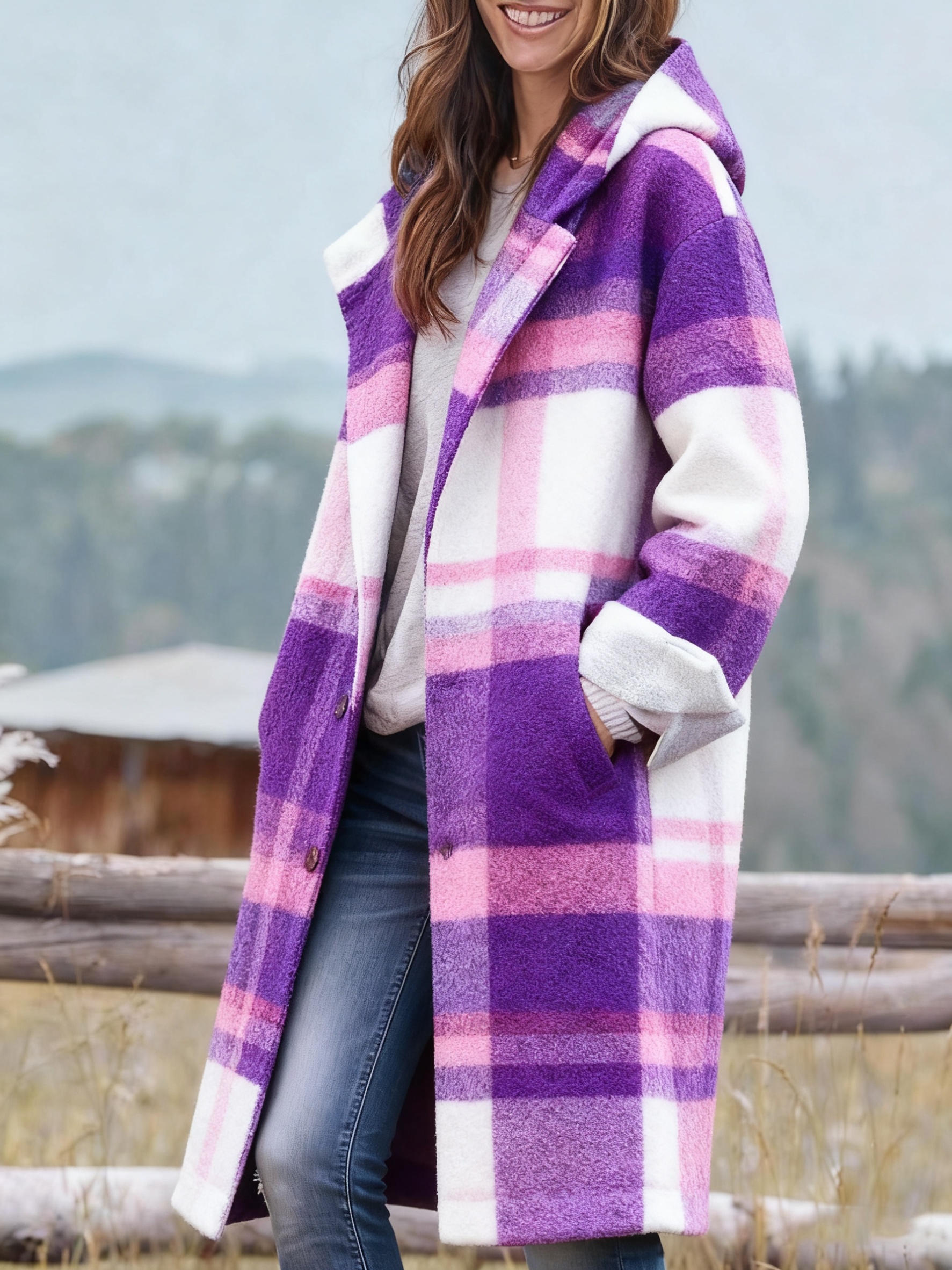 Plus Size, Women's Plus Size Oversized Hooded Scottish Tartan Jacket Long  Winter Coat with Asymmetrical Hem Print (Yellow/Blue/Purple/Black/