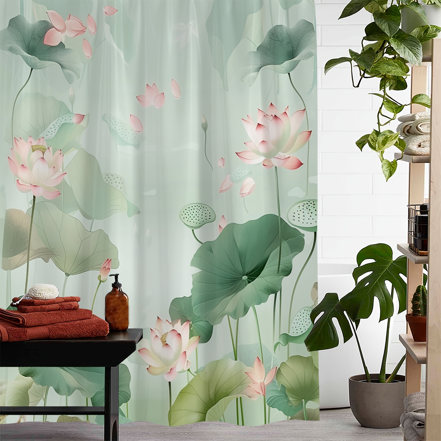 

Water-resistant Polyester Shower Curtain With Lotus Flower Print, Machine Washable, Includes 12 Hooks, Woven Fabric, Artistic Design - Ideal For Bathroom Decor
