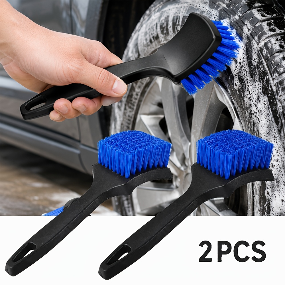 TEMU 2pcs Set Of Blue Black Car Tire Cleaning Brushes, Stiff Bristle Brushes, Powerful Stain Removal Brushes, Long Handle Floor Cleaning Brushes, Car