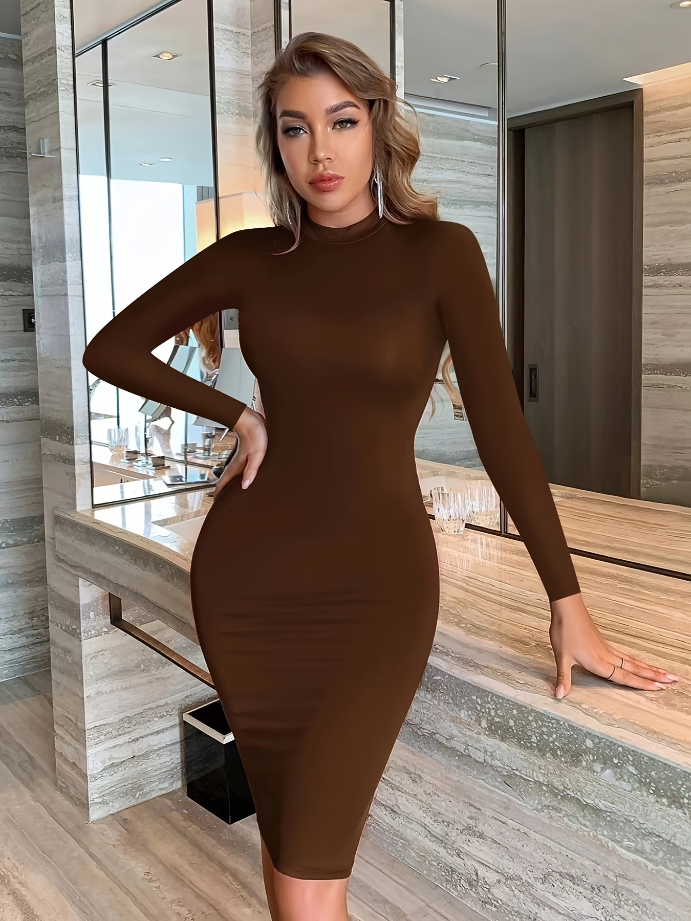 Women's Sexy Summer Long Sleeve Bodycon Dress Vibrant Red Stretchy  *-Length Dress with Round Neck Puff Out Bust Fit for Casual Formal Oc