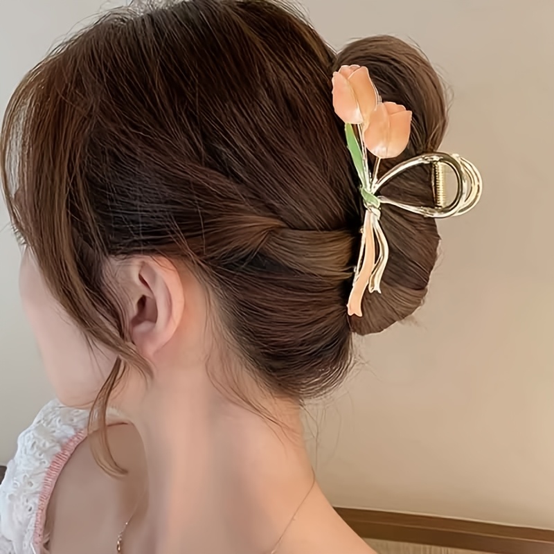 TEMU 1pc Sweet Temperament Hair Clip, Premium Large Tulip Claw Clip For Women's Summer Updo Hairstyle, Suitable For Daily Wear And Vacation