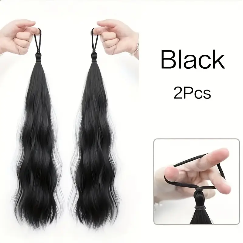 2pcs set of synthetic hair long wavy braided ponytail band with elastic rubber band straight style womens elastic hair loop suitable for hairstyles wigs details 5