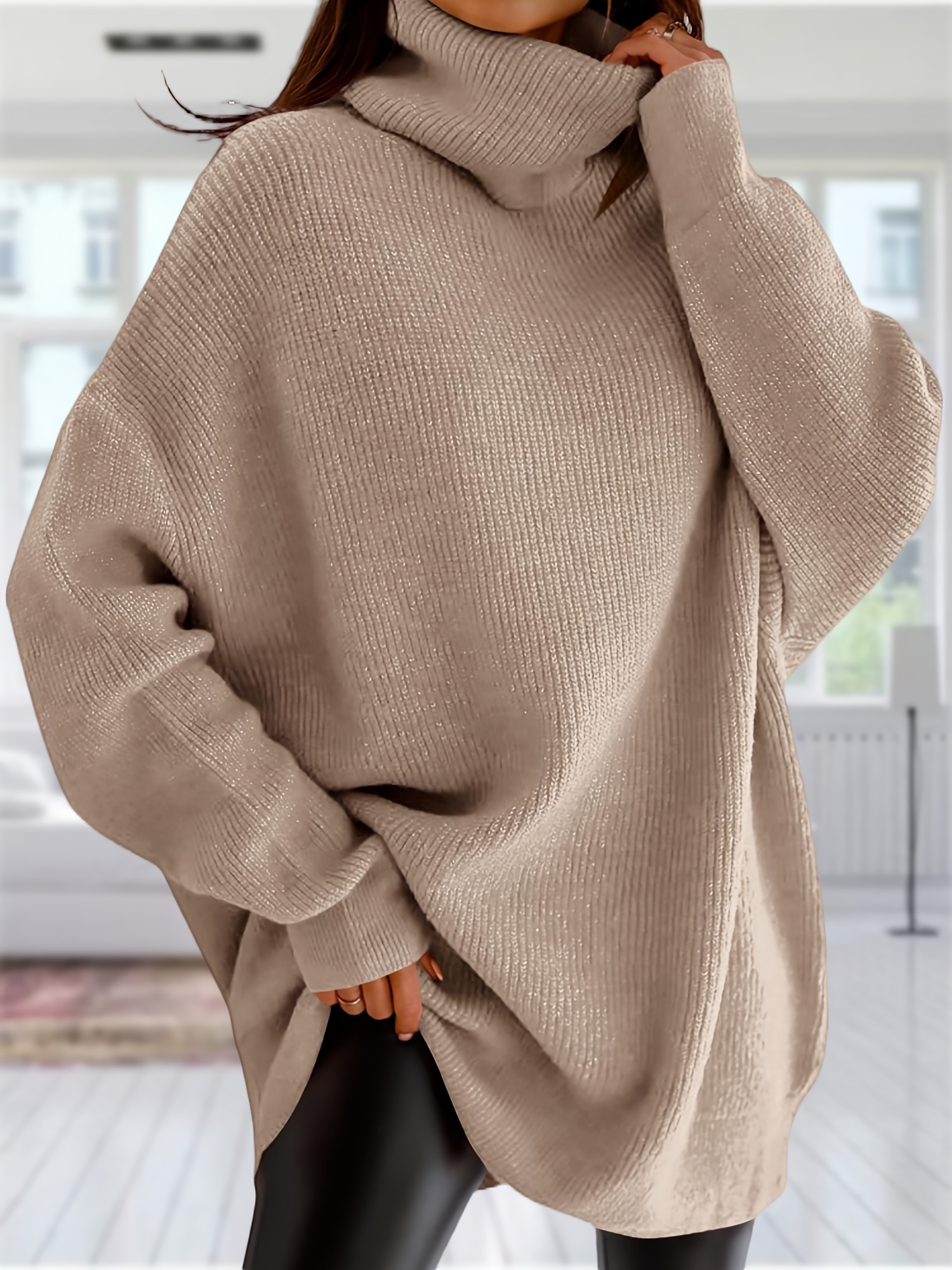 Cowl Neck Tunics Long Sleeve Patchwork Form Fitting Casual A-Line Top