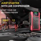 portable car air compressor jump starter with led emergency light 3000a peak power 12v for gas diesel engines usb digital tire inflator red insulated material fast charging car accessories tools vehicle accessory insulated body
