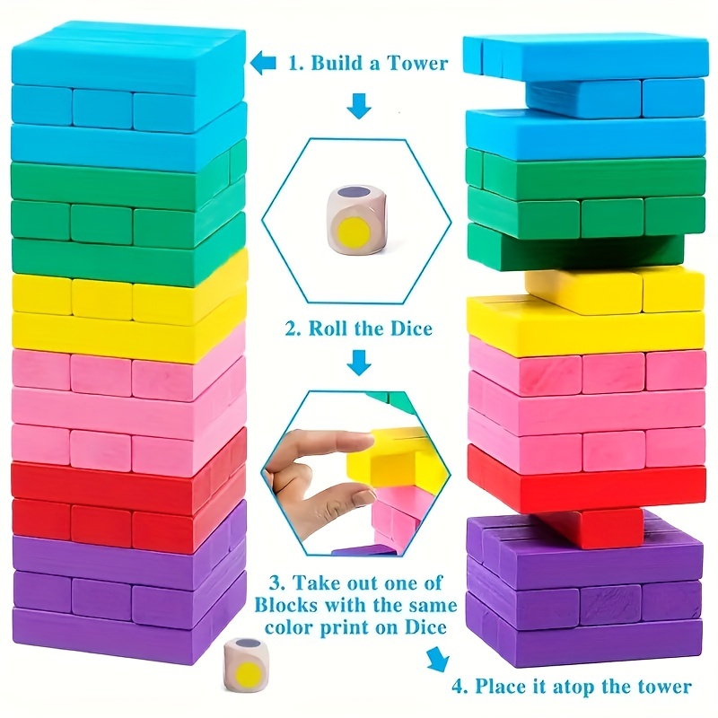 

Kids' Wooden Jenga Balance Puzzle - Educational Stem Toy With Colors, Creative Drawing Blocks Game