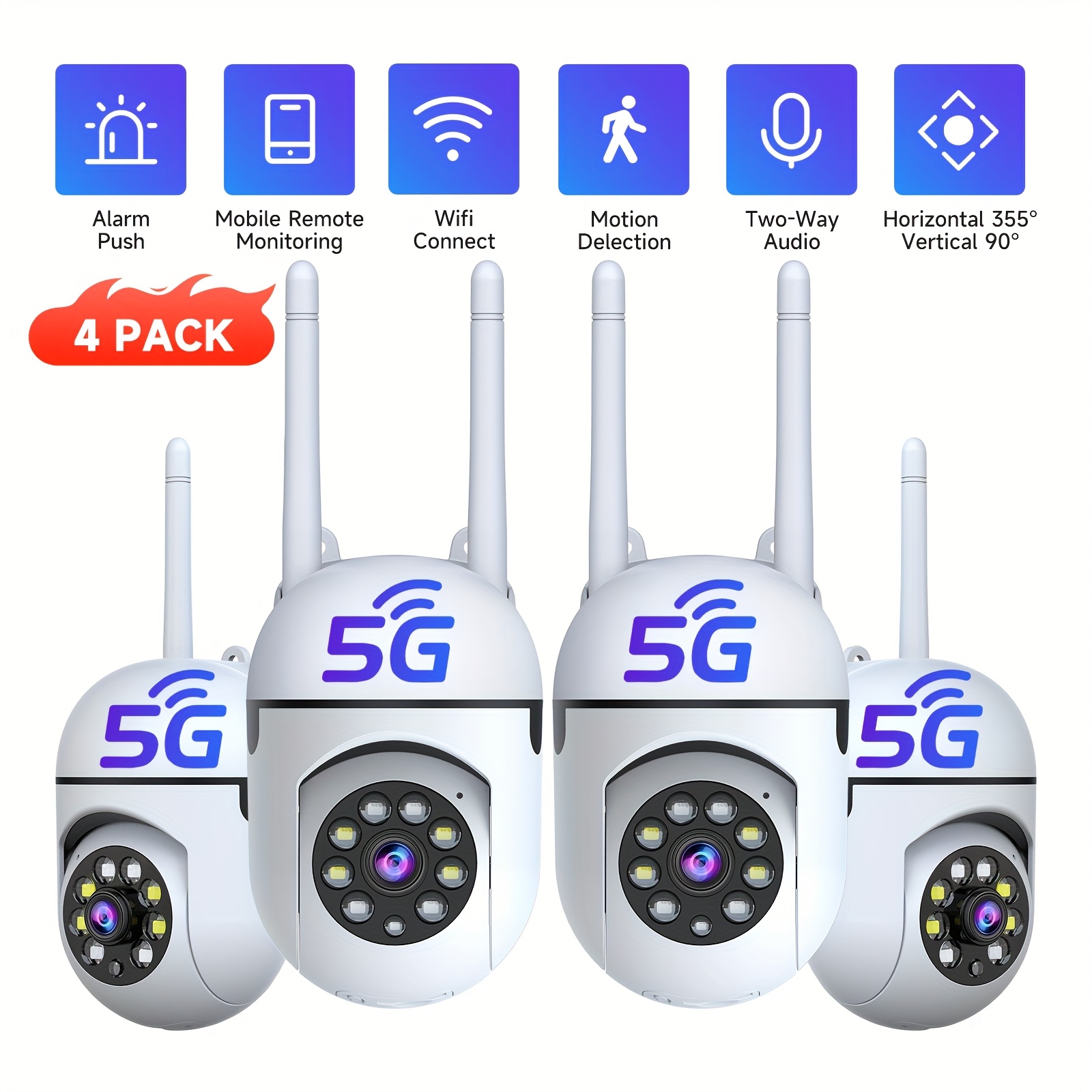 TEMU Set Of 4 Wireless Cameras With A 355° Pan Feature, Supporting Dual-band 2.4/5g Wifi, With Detection, Audio, Night Vision, And Options For Cloud And Sd Storage.