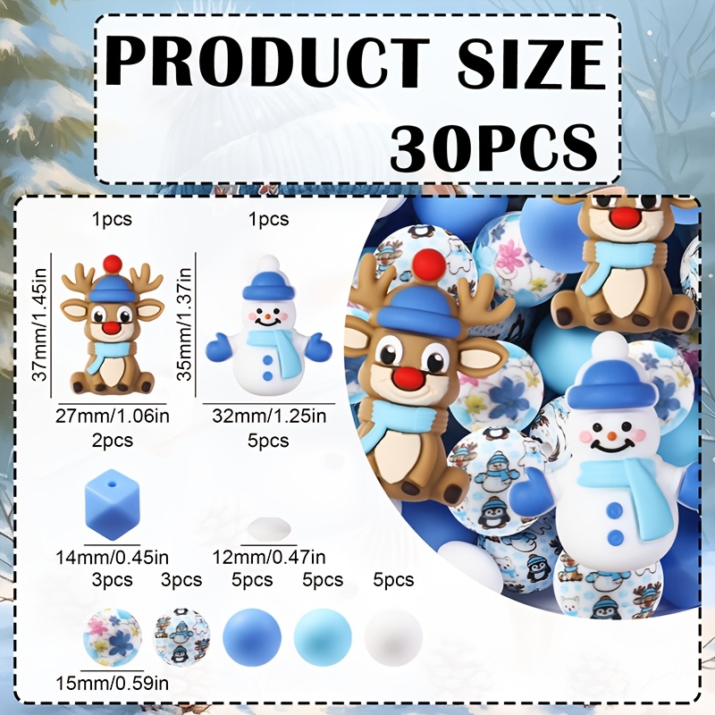 TEMU 30pcs Cute 3d Christmas Winter Snowman Elk Silicone Beads Set Wholesale - Silicone Beads, , Beads For Jewelry Making, For Bracelets, Lanyards,