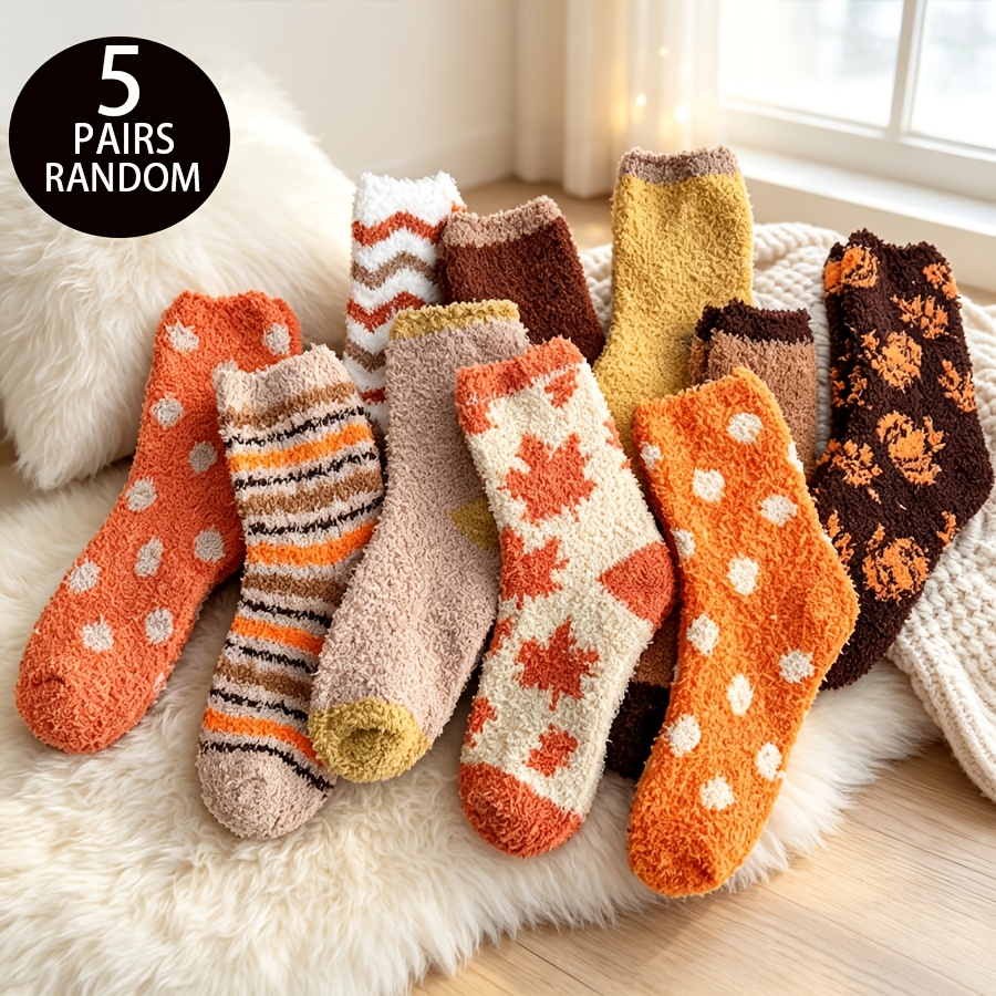 TEMU Random 5-pair Women's Autumn/winter Plush Round-toe Socks, Maple Leaf Stripe Polka Dot Print Comfortable Fuzzy Socks, Soft Warm Fluffy Socks,