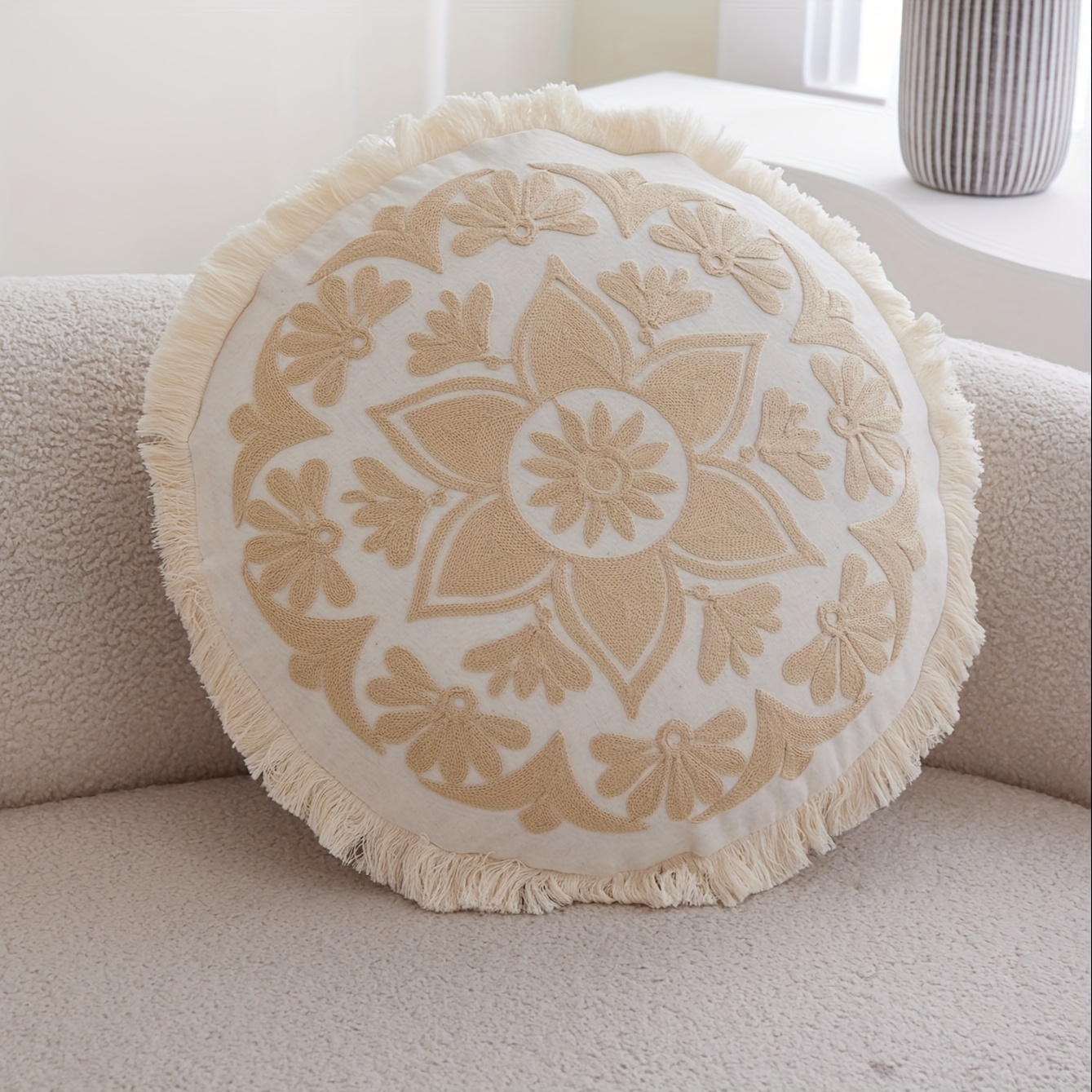 Image of Bohemian Style Round Tassel Edge Linen Flower 3d Embroidery Pillowcase 1pc Home Decor Suitable For Living Room Bedroom Party Sofa And Other Environments
