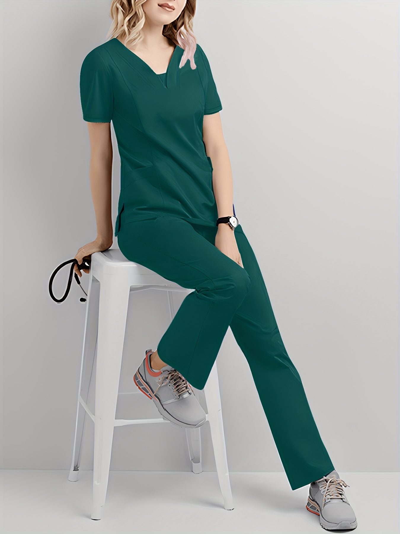Solid Scrub Two-piece Set, Casual Short Sleeve V Neck Scrub Top & Pants  Outfits, Women's Working Clothing