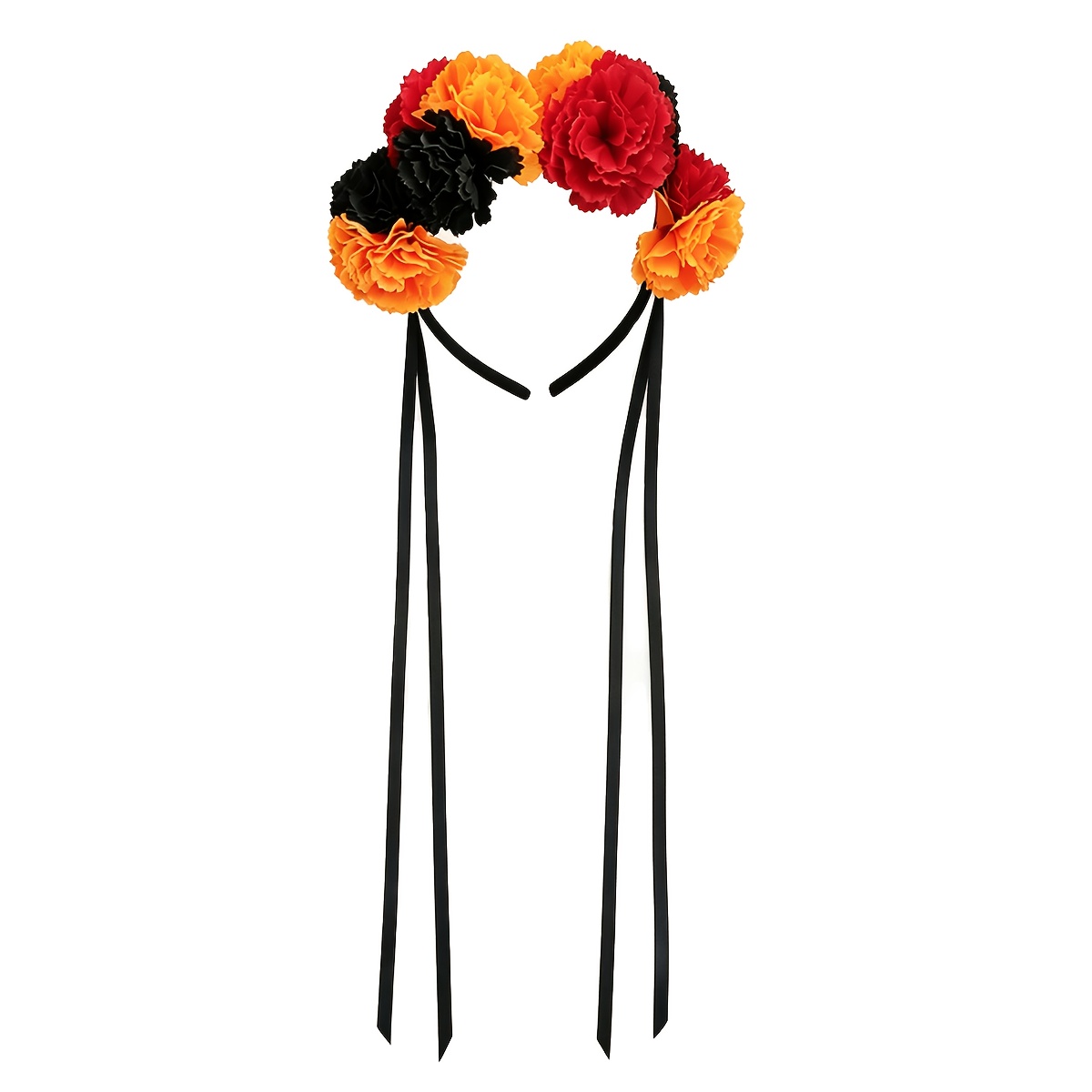 TEMU 1pc Mexican Flower Headband Women Red Orange Black Contrast Faux Large Flower Headband With Black Long Tassel Retro Flower Headpiece Halloween