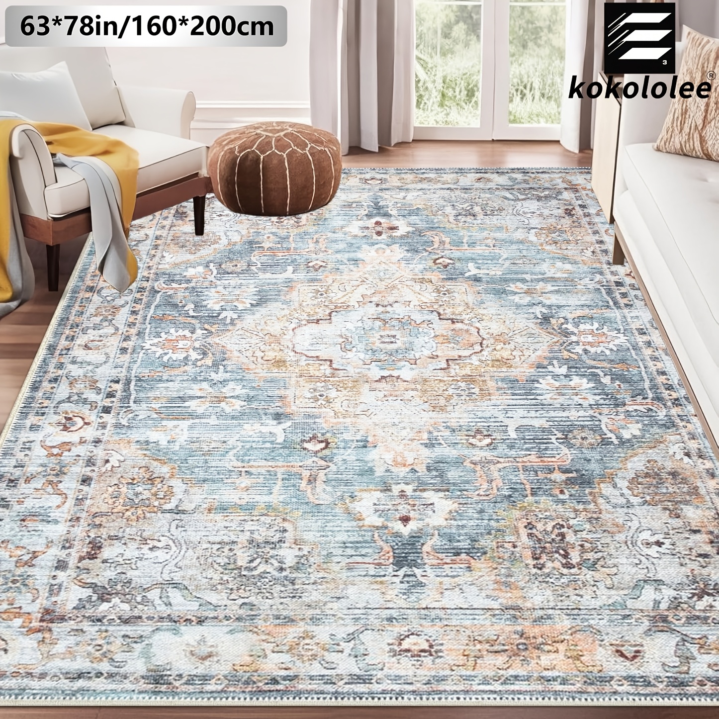 TEMU 1pc Kokololee Luxury Velvet Area Carpet | Bohemian Pattern, Non-slip Backing, Machine Washable, 100% Polyester Fiber, Suitable For Areas Rooms,