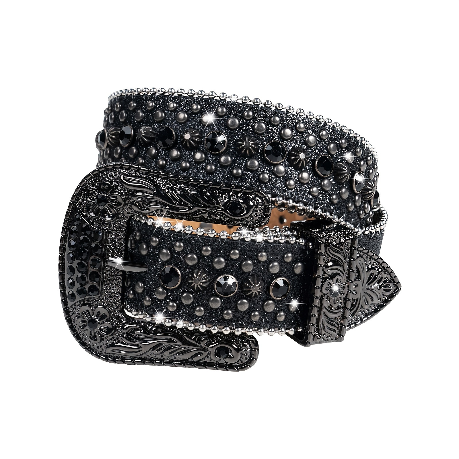 

1pc Sparkling Western Belt - Black Leather, Design, Adjustable, Gifts For Men And Women, Fit For Jeans, Dresses, And Western-themed Outfits