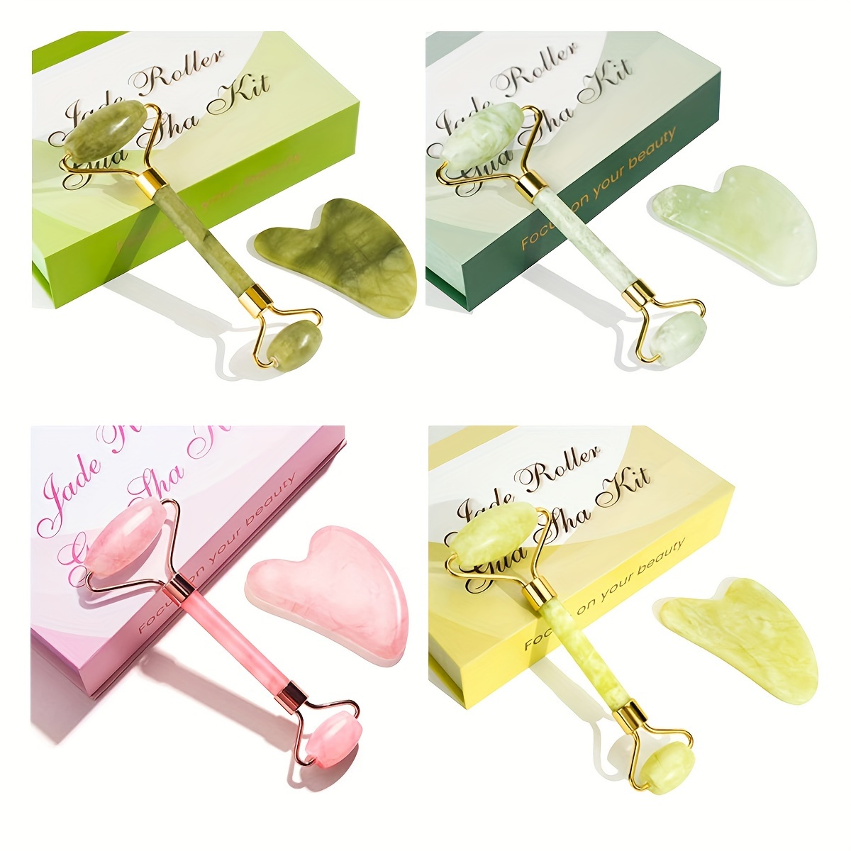 

1pc Natural Quartz Massage Roller And Gua Sha Set Gift Box, For Facial And Body Massage, From, Rose Pink, , Olive Green, , Facial Massage And Gua Sha Tools, Body Massage Tool Set, Box