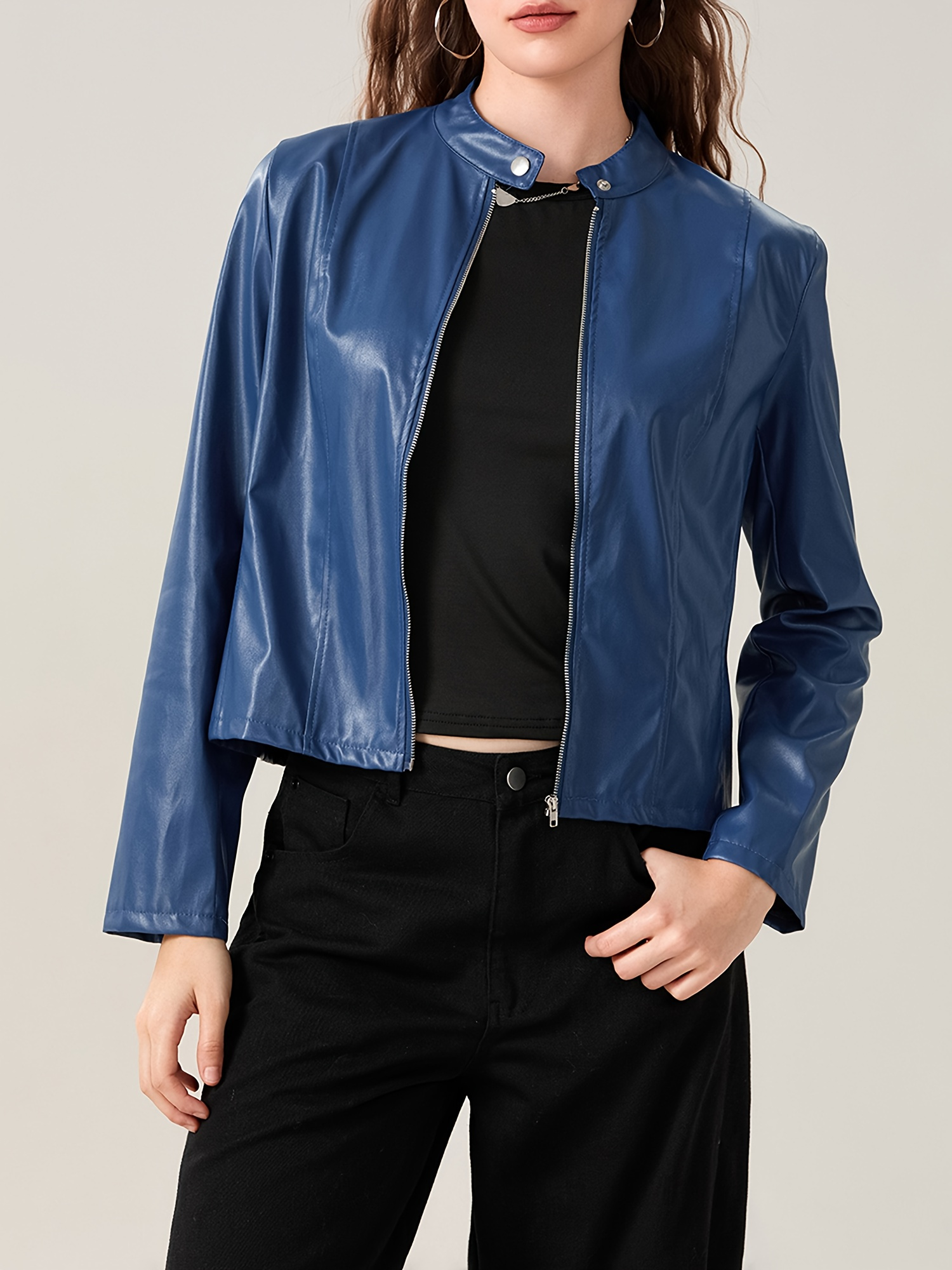 womens faux leather jacket pu cropped coat faux leather coat - Temu