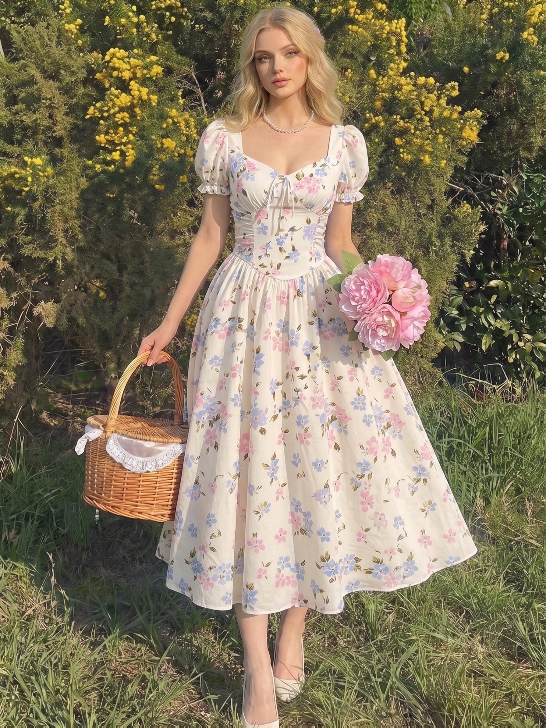 floral graduation dress midi * Summer Women'S Heart Neck * Cinched Ruched Dress, French Sweet * Vintage Versatile Country Style Dress, Suitable for Vacation, Date, Picnic, Prom, Party, Wedding, Holiday, baby_clothing