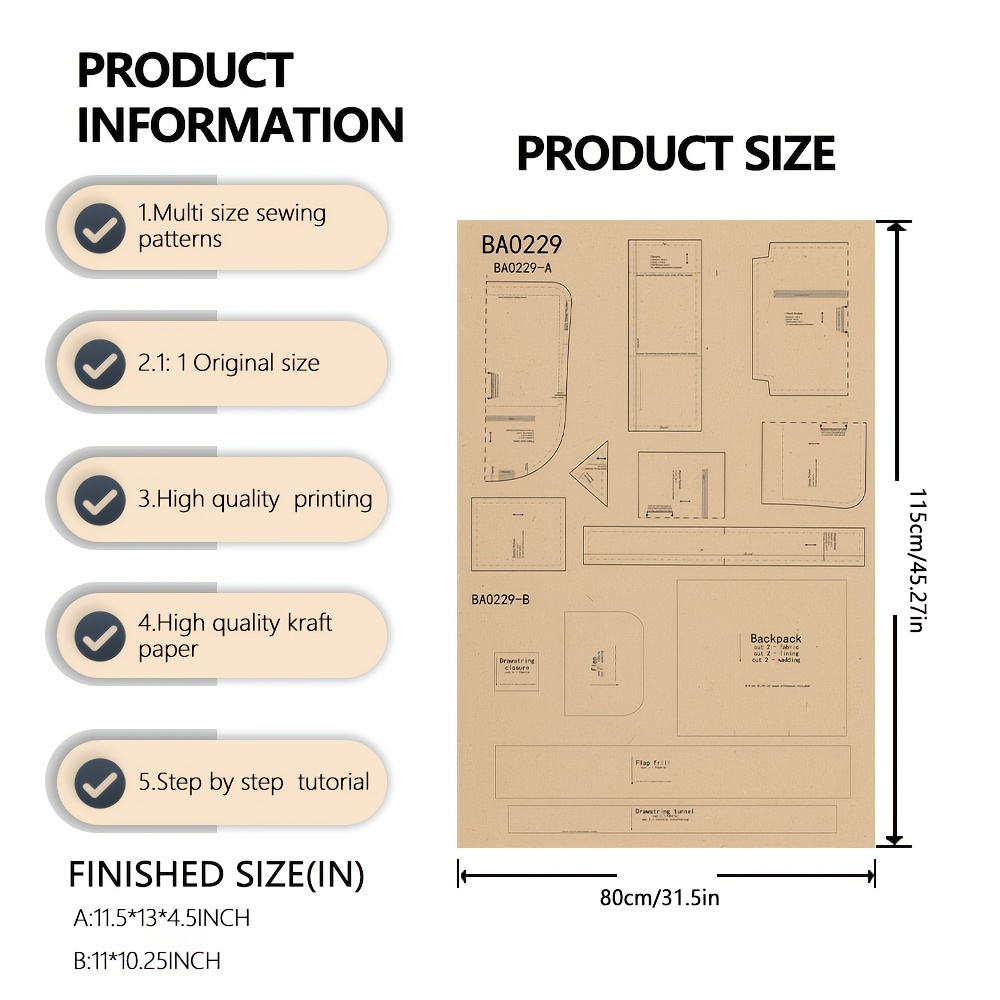 TEMU 2-in-1 Set, Backpacktwo Styles, 1:1 Original Size Paper Template, Not The Bag Itself, High-definition Color Tutorial For Beginners