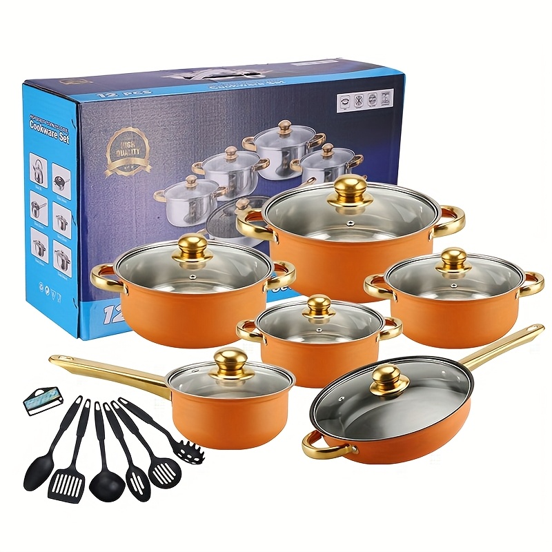 TEMU 12pcs Stainless Steel Cookware Set - Induction Cooker Cooking, , Cheese Pot, Dual Handle With Lid, Suitable For Soup, Hot Pot, Pasta, , Rice
