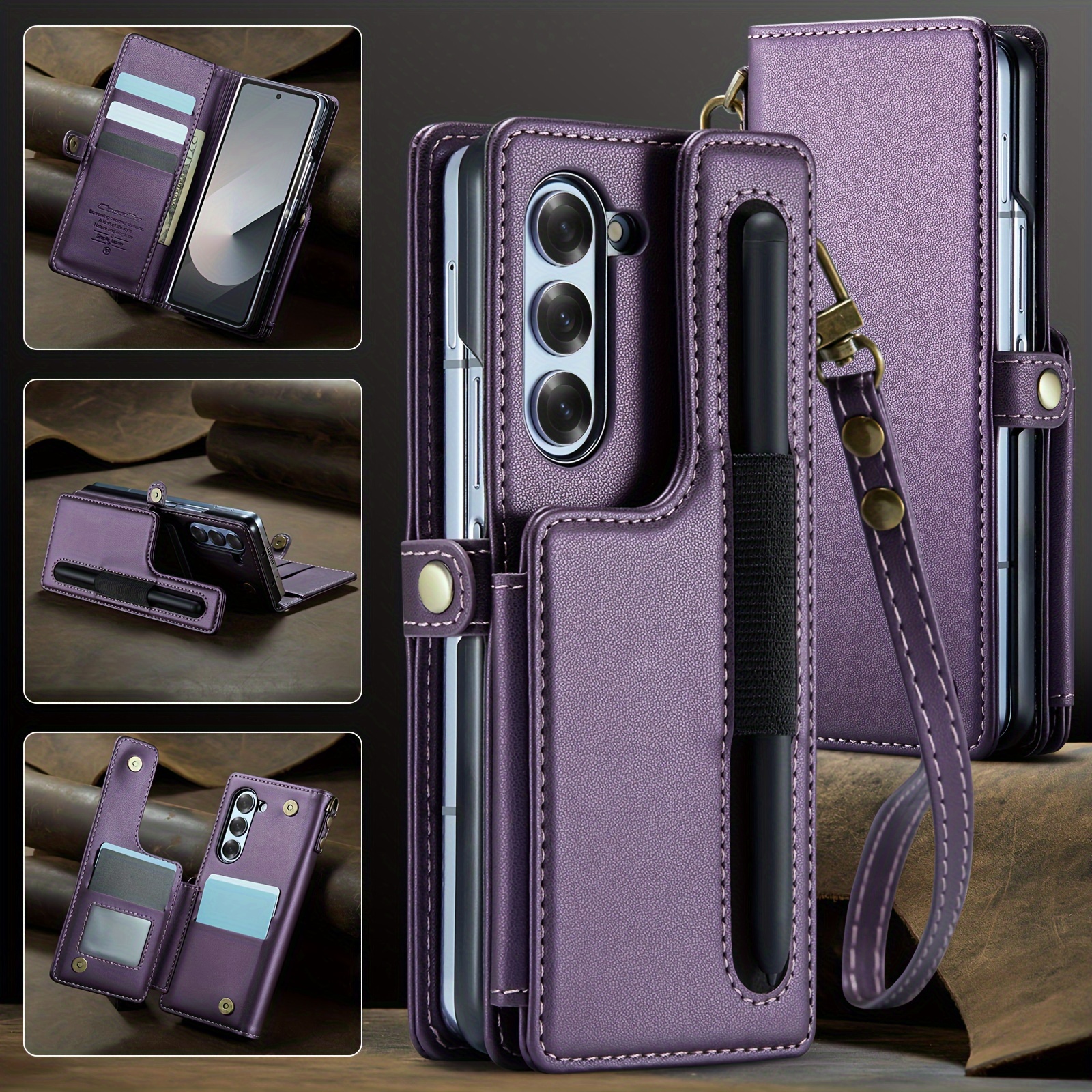 

Case For Z Fold 6 With Holder Slot, Rfid Blocking For Z Fold 6 Wrist Strap Leather Wallet Case With Card Holder And Pen Slot