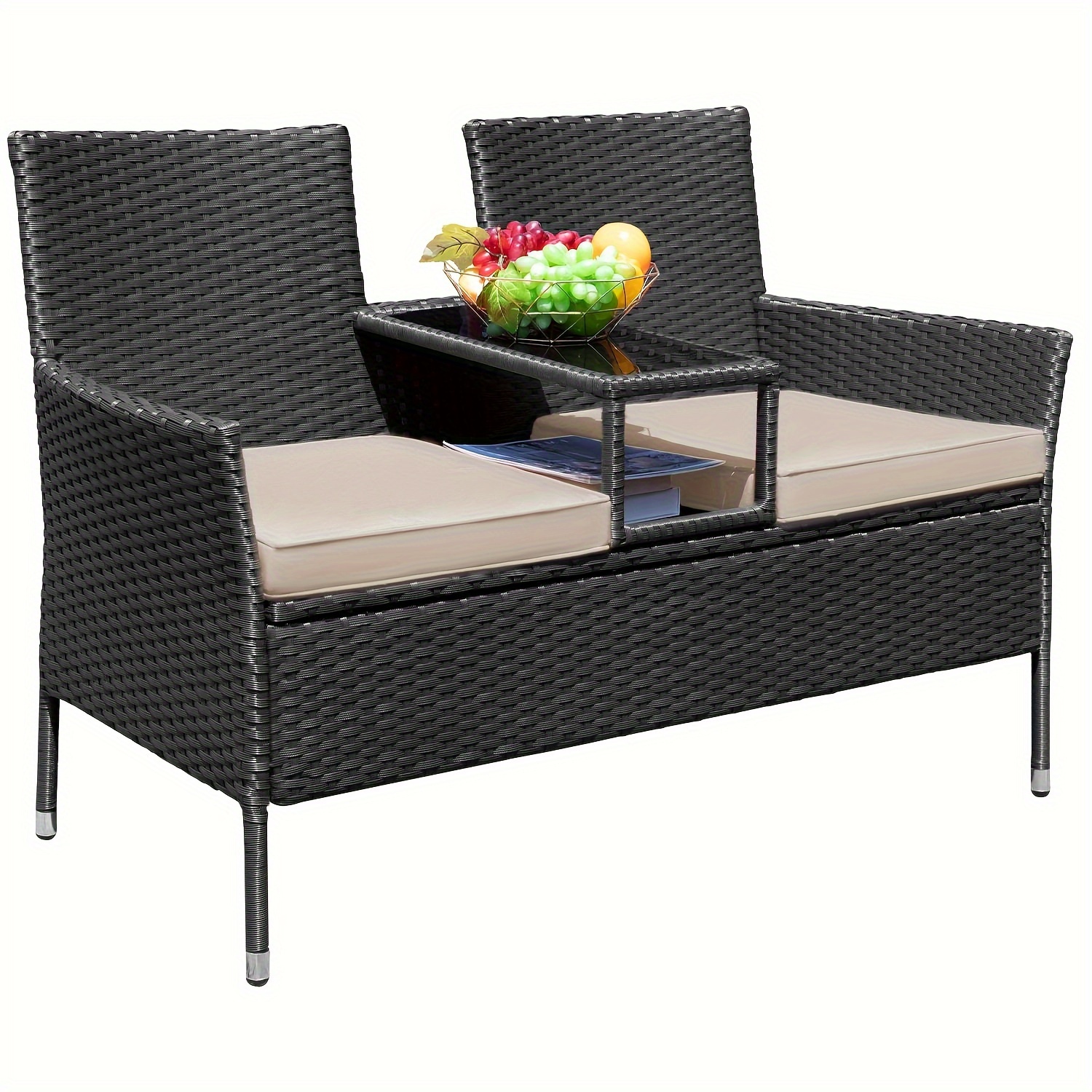 

1pc Outdoor Furniture Set, Rattan Wicker Patio Loveseat With Cushions And Built-in Glass Coffee Table, Steel Frame, Weather-resistant, 50.8" Length For Garden, Poolside, Balcony Decor