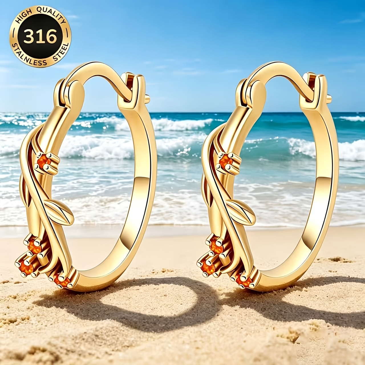 TEMU Boucles d'oreilles créoles élégantes pour femme en acier inoxydable 316 plaqué or , motif de de houx rouge pour la Saint-Valentin, incrustées de