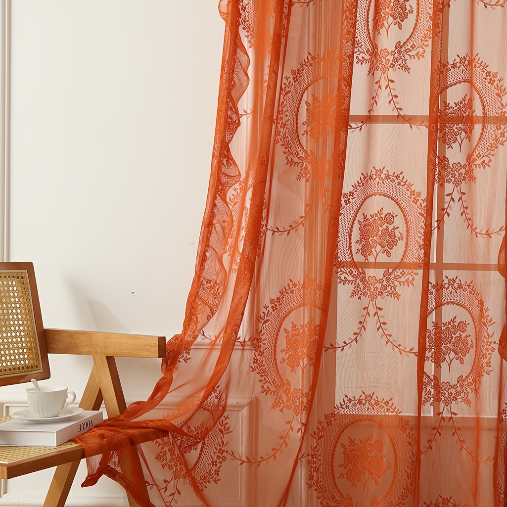 E-shop Französischer Landhaus-Orange Blumen Spitzen-Vorhang - Halbtransparent, Stangen--Design, Maschinenwaschbares Polyester für