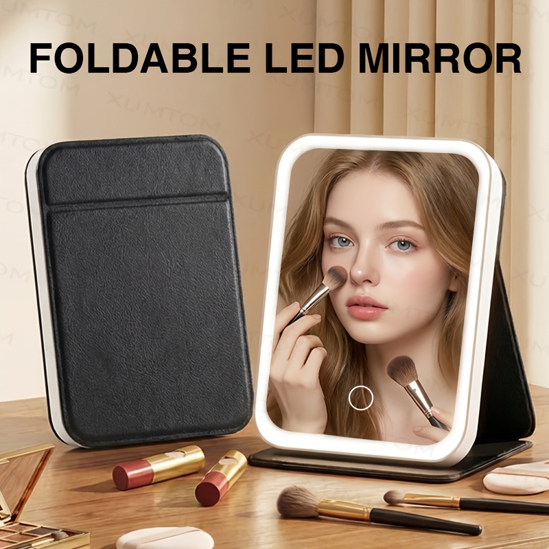 LED Makeup Mirror, Foldable Mirror with Warm/White/Natural Light, Three-Color Intelligent Brightness Adjustment, Portable Folding Touch Control for Vanity Lighting, Designed for Women - Rechargeable Battery, 3 Types of Folding Styles, Long Press