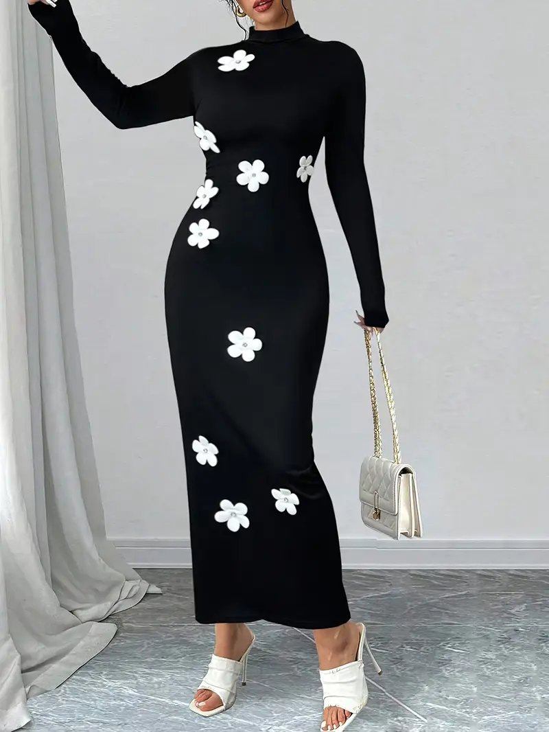 1pc elegant floral applique stand collar long sleeve maxi - Temu 1pc elegant floral applique stand collar long sleeve maxi - Temu