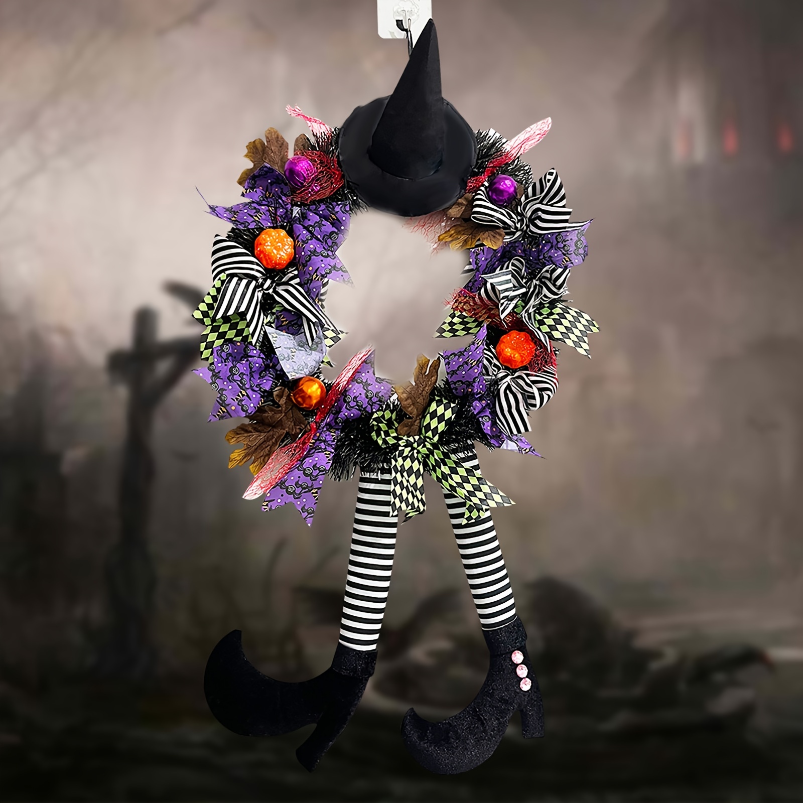 

1pc Halloween Ornament Halloween Wreath Witch Large Wicked Witch Legs Pendant Garland With Fake Plants For Outdoor Indoor