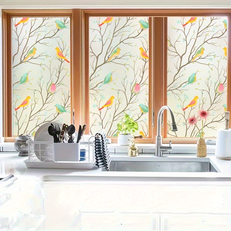 elegant bird branch design frosted window film 4mil thick static cling privacy anti glare for kitchen bathroom office sliding doors details 6