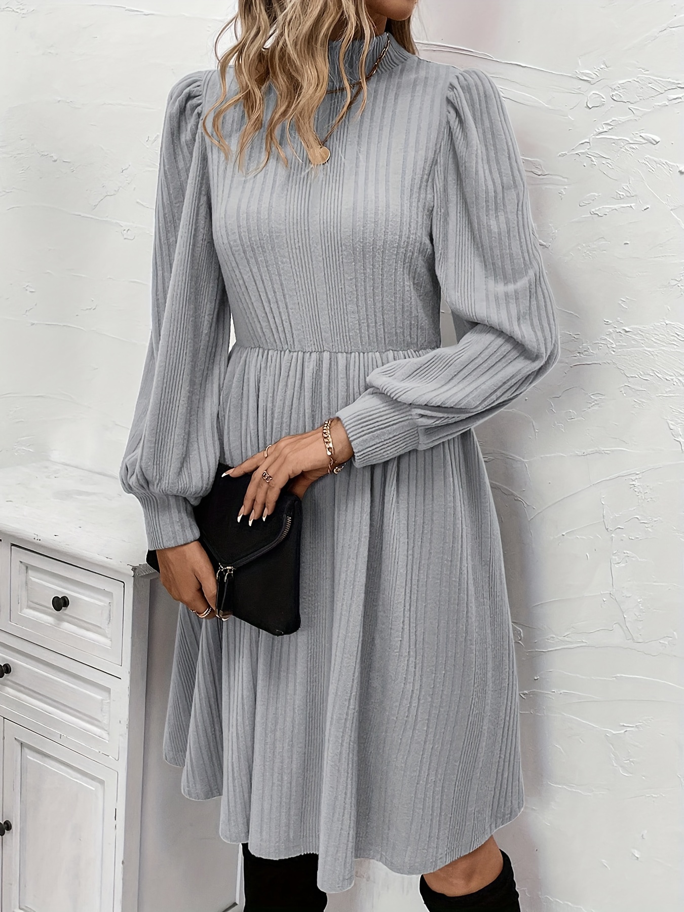 womens fall winter light grey stand collar puff sleeve dress - Temu United  Arab Emirates
