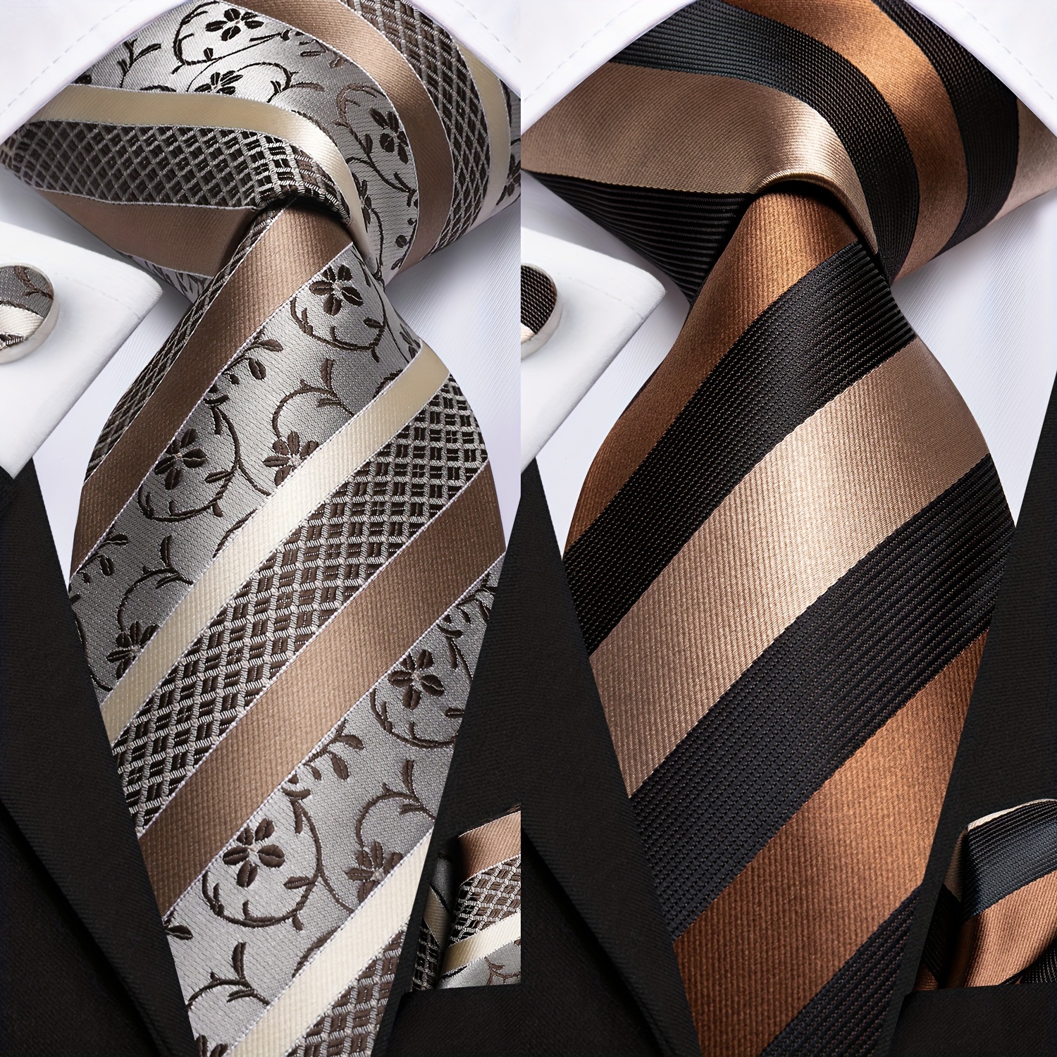 

2 Sets Wshowy Brown Coffee Floral Striped Mens Tie -including Matching Hankechief Cufflinks -suitable For Wedding Prom Dinner Gift Formal Occassion