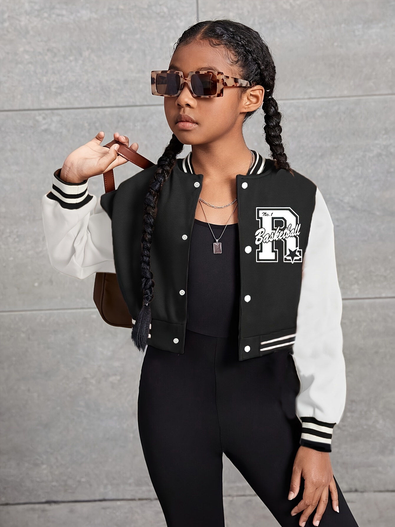 Kids Fashion Letter Casual Varsity Jacket, Polyester Geometric Pattern  Baseball Collar with Applique Stretch Knit Fabric, Regular Fit  Fall/Winter